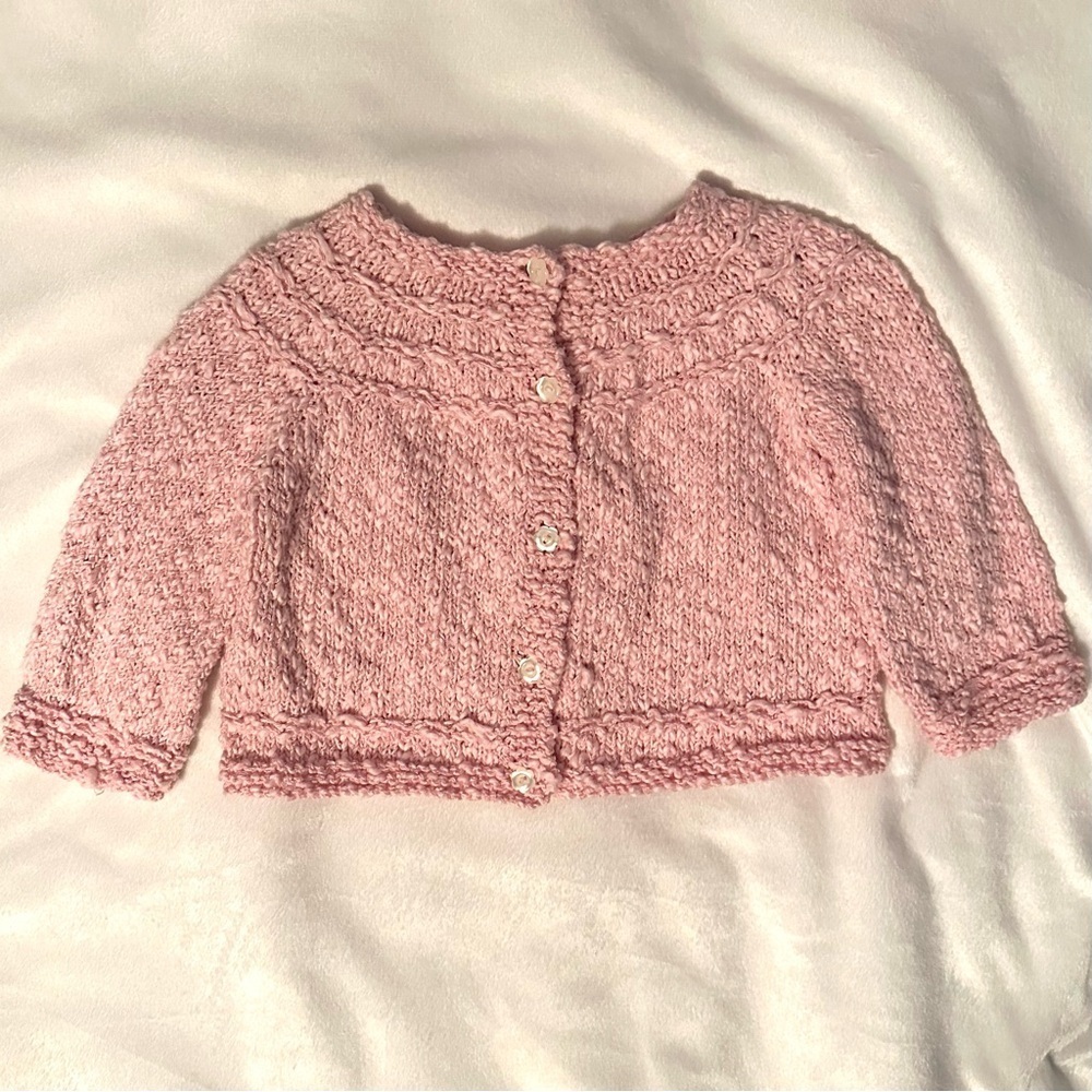 Vintage Hand Knit Crocheted Baby Pink Cardigan Sweater 24M Girl button up